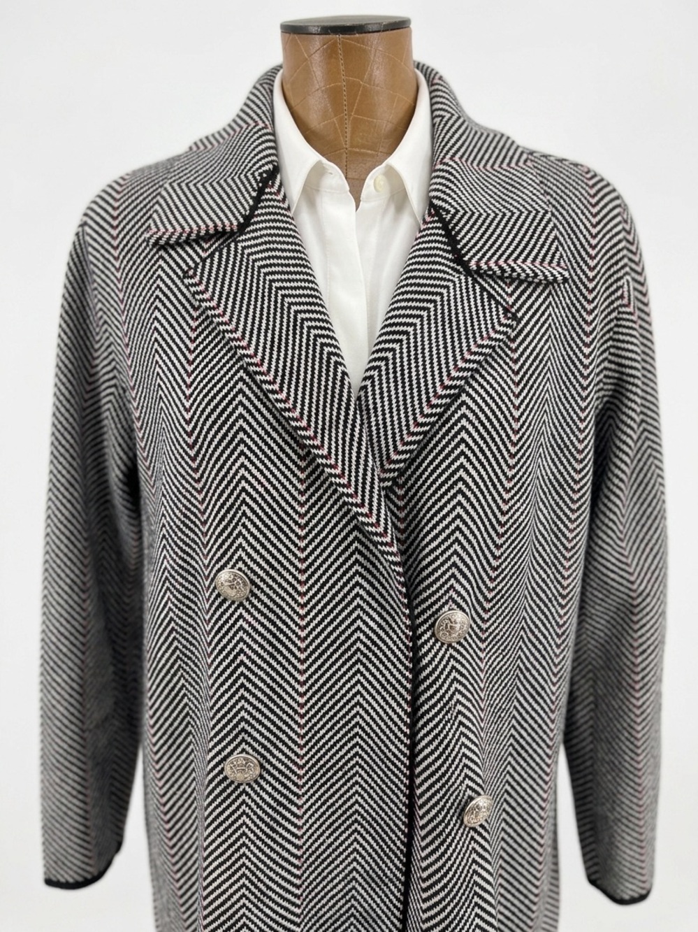 Anne Klein Herringbone Double-Breasted Knit Coat - Picture 2 of 12